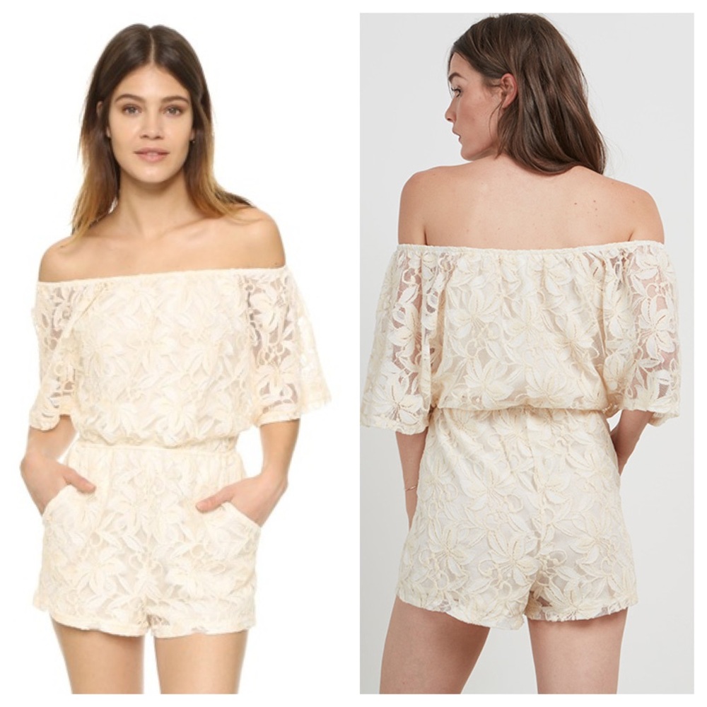 BB Dakota Nikola Romper Antiquitie Ivory Lace Off Shoulder Elastic Waist Dressy - Picture 2 of 8